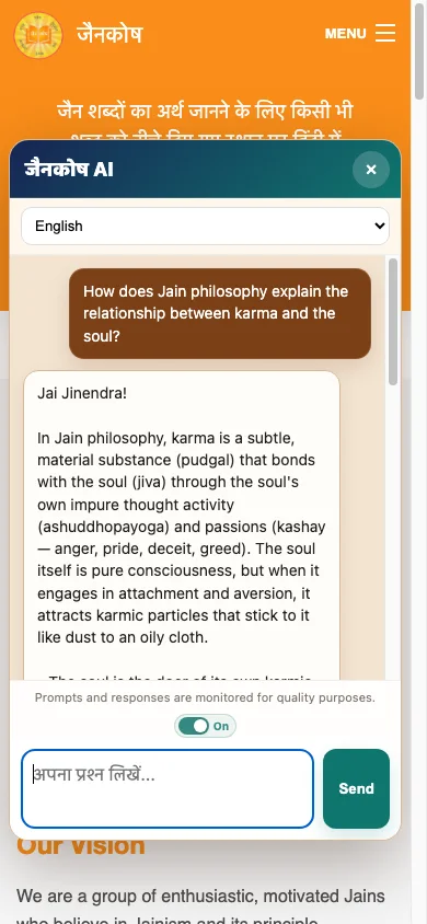 JainKosh AI chatbot on JainKosh.org mobile, English mode, showing a karma-and-soul question with answer, monitoring toggle on, and Send button.
